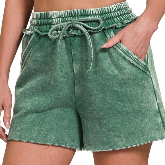 Zenana Acid Wash Fleece Drawstring Shorts with Pockets, Dark Green - Picture 2 of 3